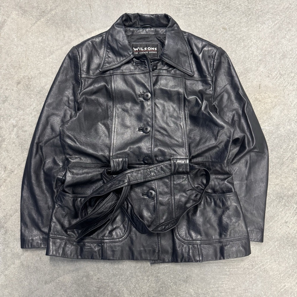 Vintage Women's Wilson Leather Jacket Black Belted Button Size Large